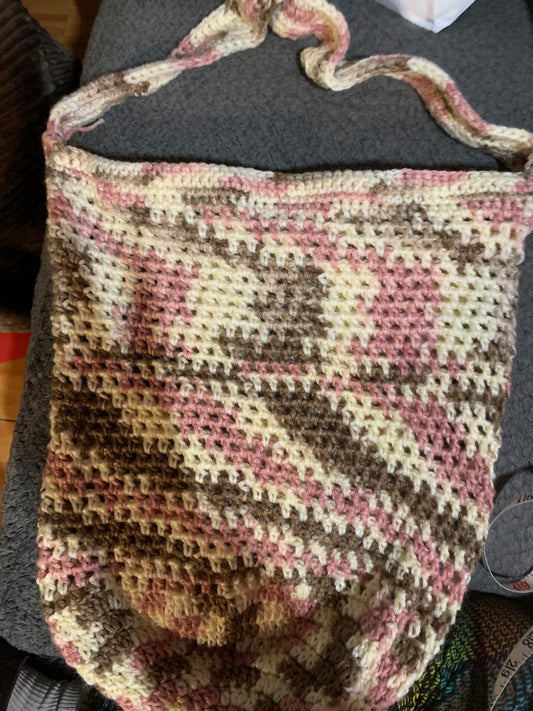 Cream, Brown and Pink Crocheted Market Bag